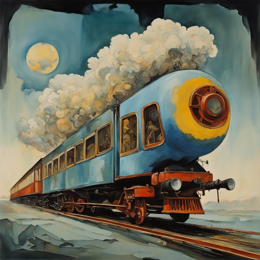 Whimsical Train Scene in Hyperdetailed Gouache Style