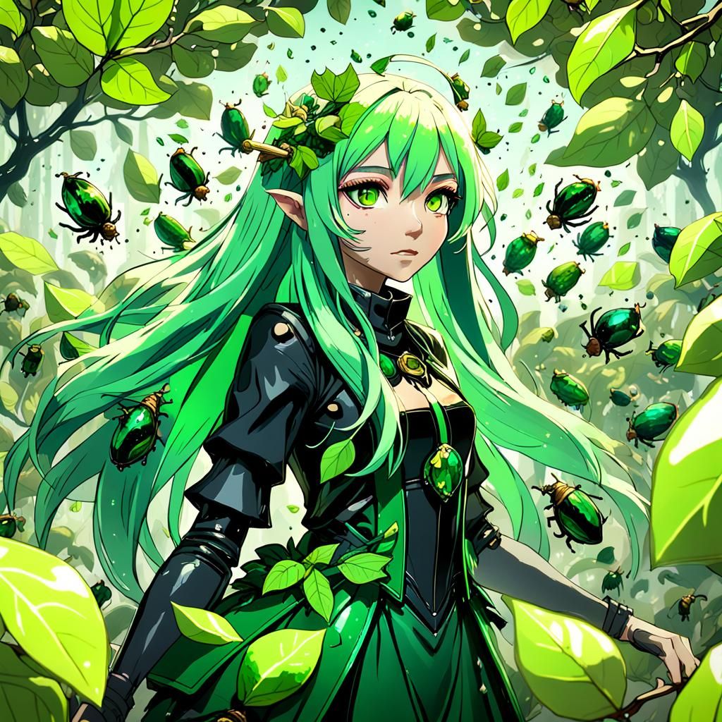 Anime Girl with Beetles: Fantasy Art