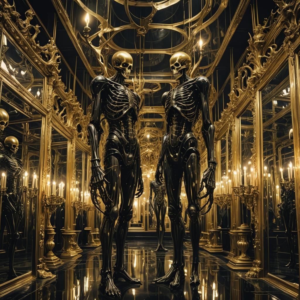 Surreal Stick Figure in Hall of Mirrors