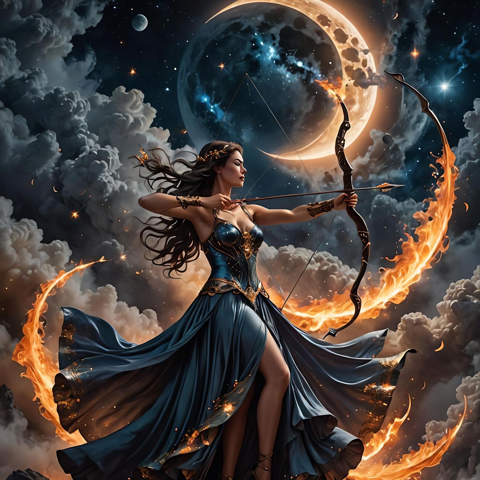 Woman Archer Shoots Fire Arrow at Moon