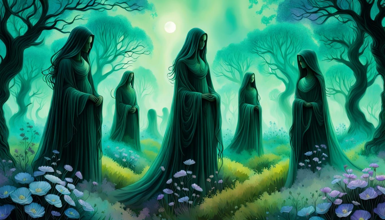 Ethereal Gothic Dreamscapes in Shimmering Green Haze