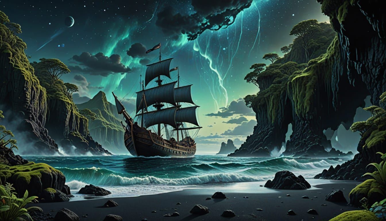 Surreal Bioluminescent Epic Landscape with Vikings Ship and ...