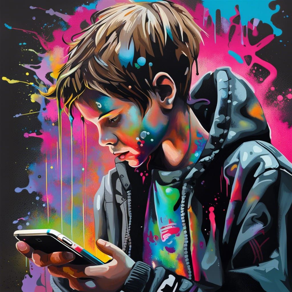 Boy with iPhone in Graffiti Splash Art Style