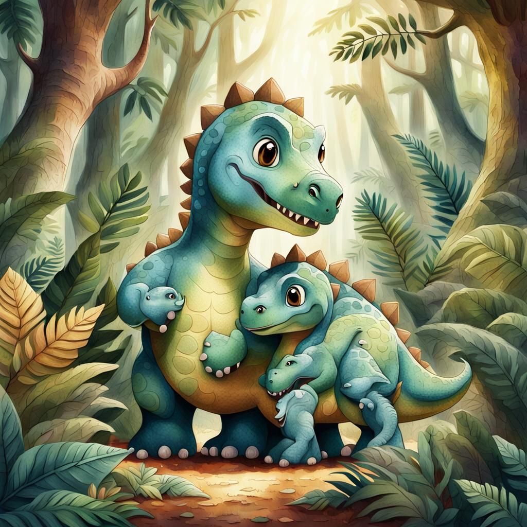 Whimsical Baby Dinosaur Hugs Mother in Lush Prehistoric Fore...
