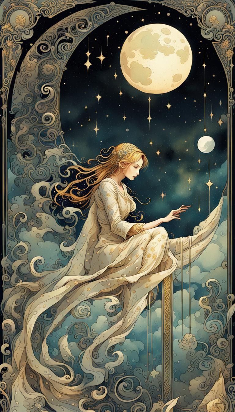 Ornate Tarot Card: The Moon in Watercolor Style