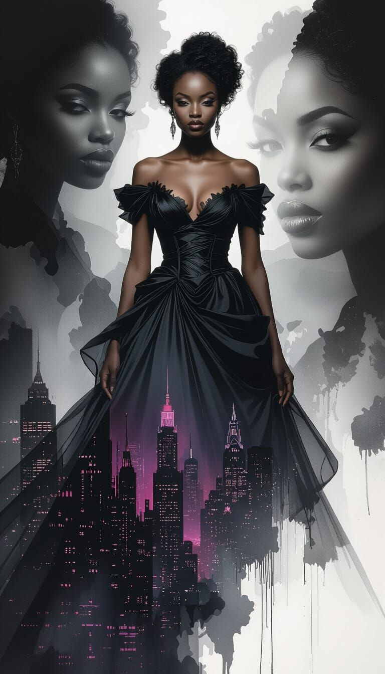 Gothic Gown Woman in Double Exposure with Abstract Cityscape