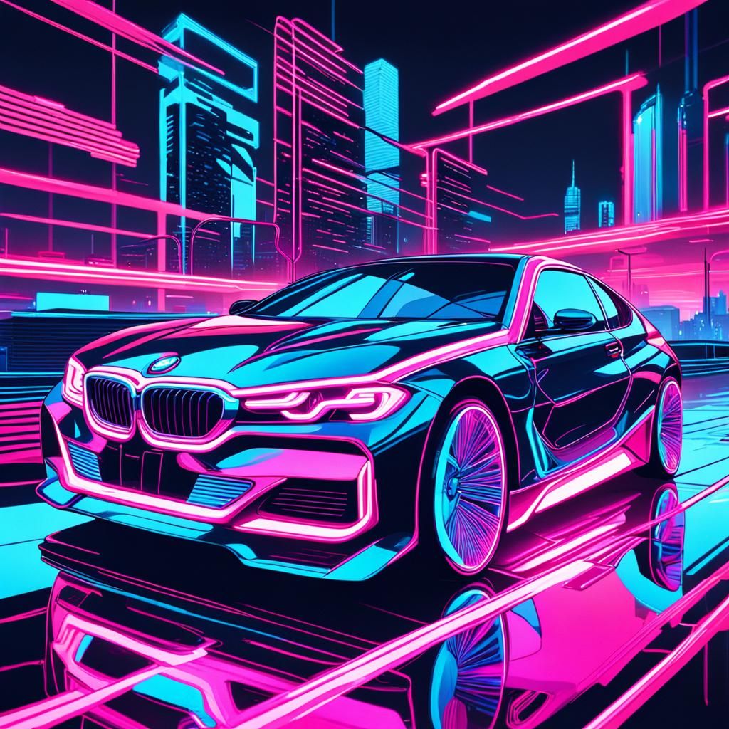BMW in Synthwave Style with Glowing Neural Circuit