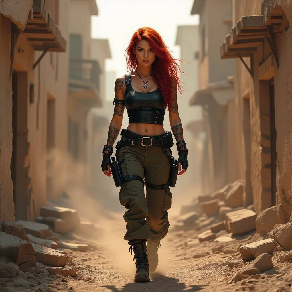 Warrior Strides Through Post-Apocalyptic Alley in Golden Lig...