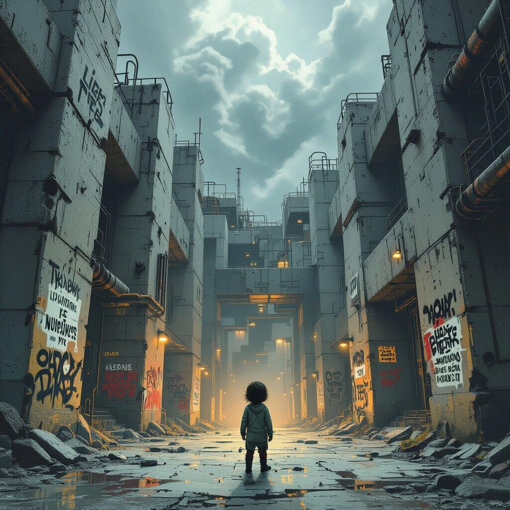 Dystopian Industrial Labyrinth with Tiny Human