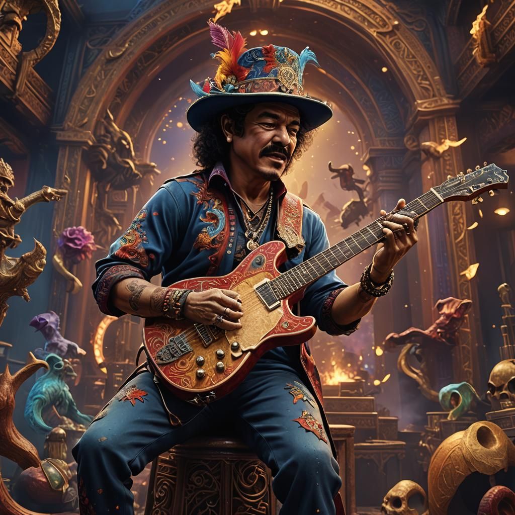 Carlos Santana Guitar Portrait in Detailed Matte Painting