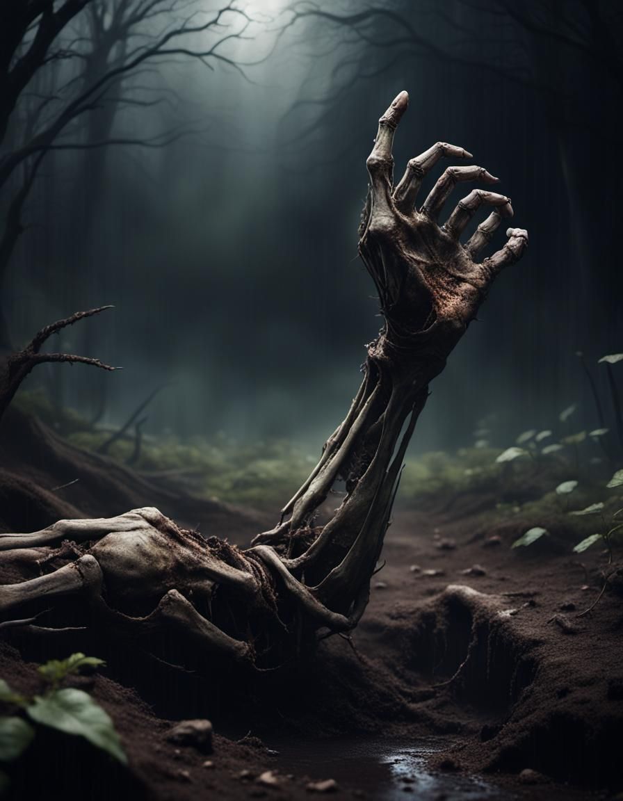 Rotting Arm Reaching from Ground: Horror Image