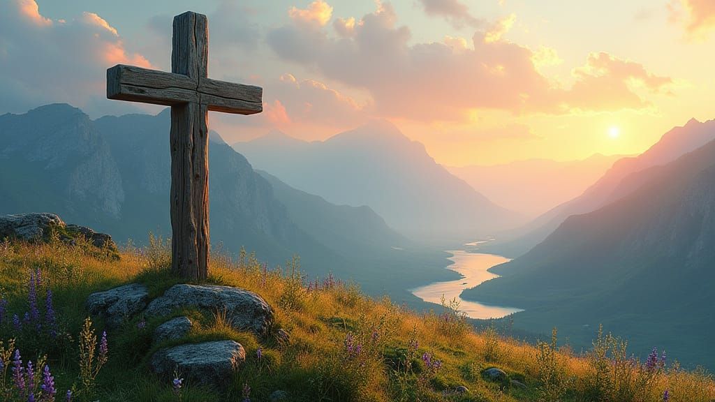 Ethereal Landscape with Majestic Wooden Cross