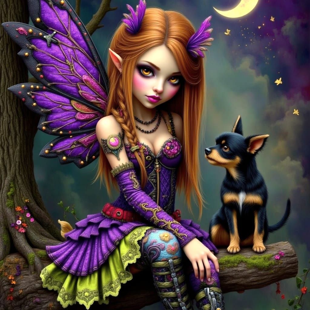 Punky Bohemian Fairy in Winter Wonderland with Yorkshire Ter...