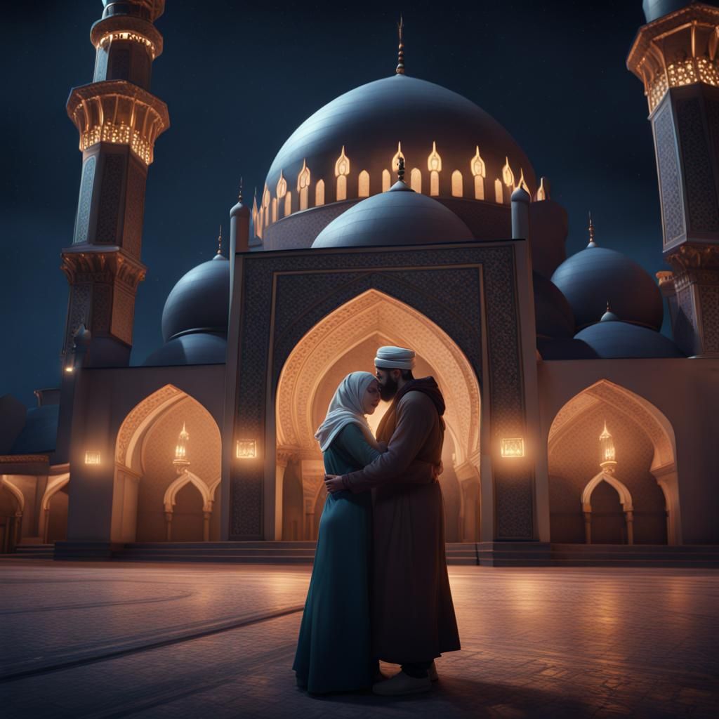 Hyperrealistic Embrace Outside Mosque at Night