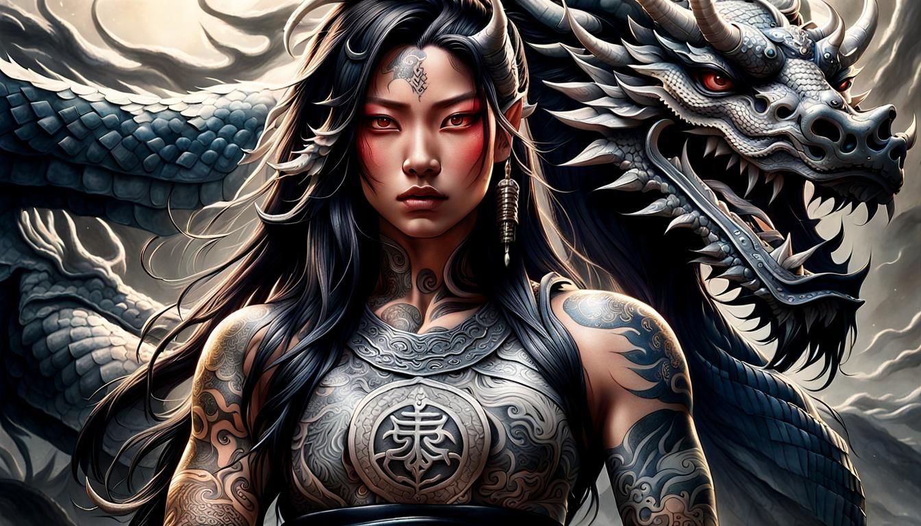 Tattooed Warrior Woman Portrait in Traditional Style