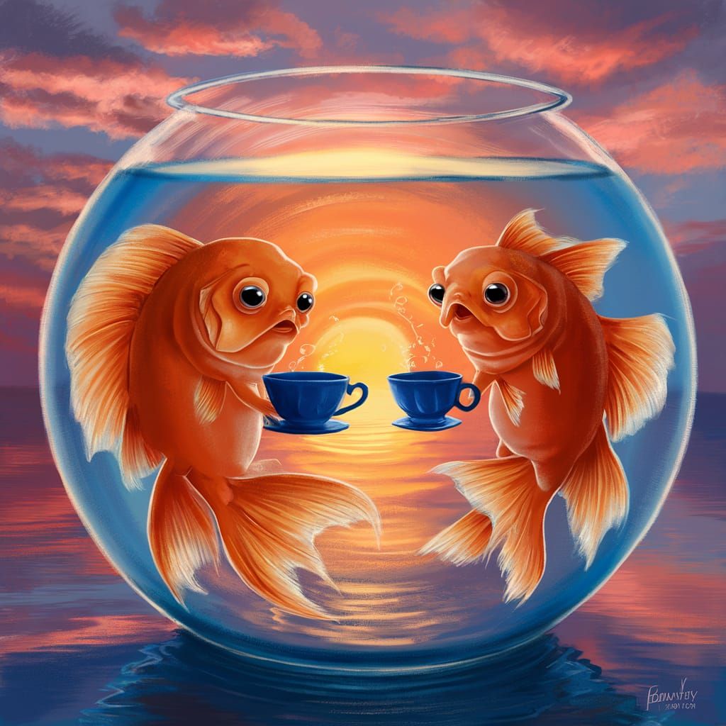 Goldfish Tea Party in a Sunset Fishbowl