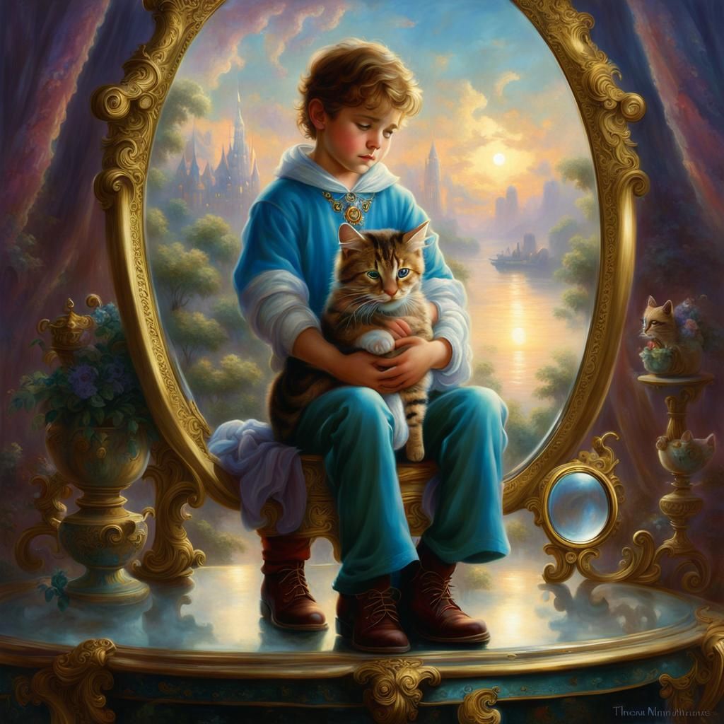 Sad Young King with Cat in Ethereal Fantasy