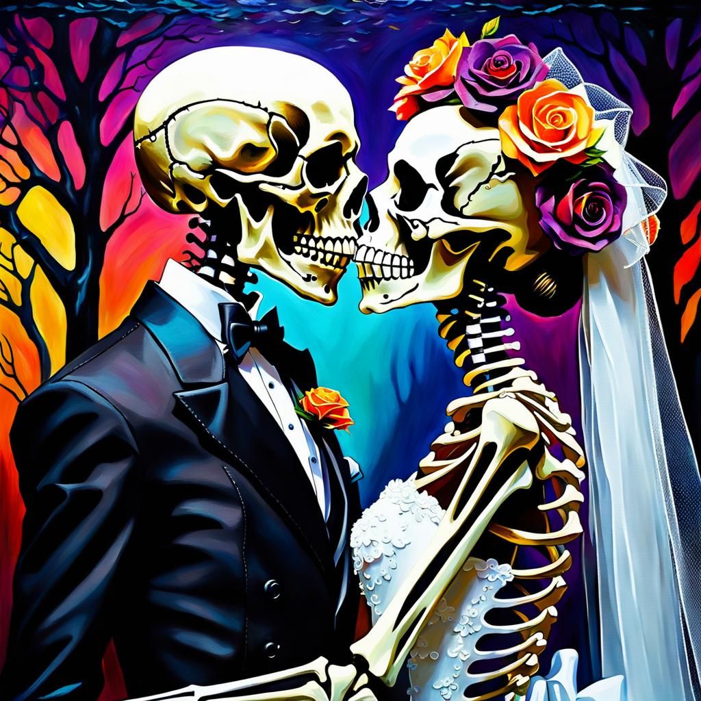 Joyful Skeleton Wedding Portrait in Post-Impressionism Style