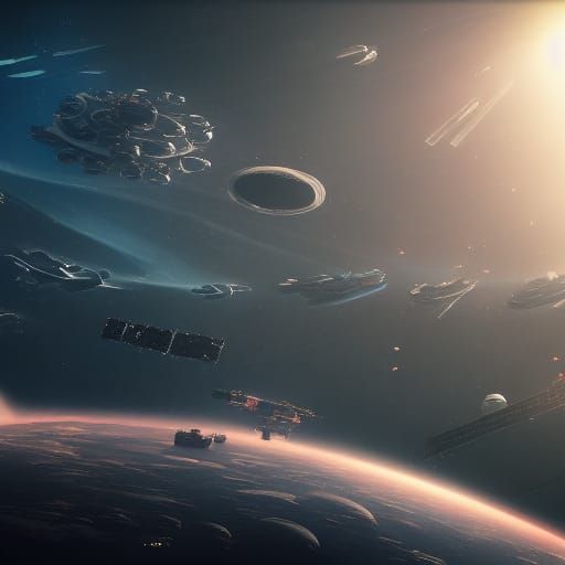 Futuristic Space Station with Docked Ships in Sci-Fi Style