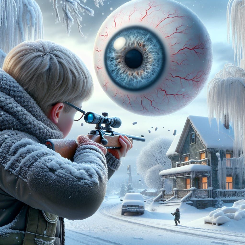 Boy Confronts Giant Eyeball Monster in Winter Wonderland