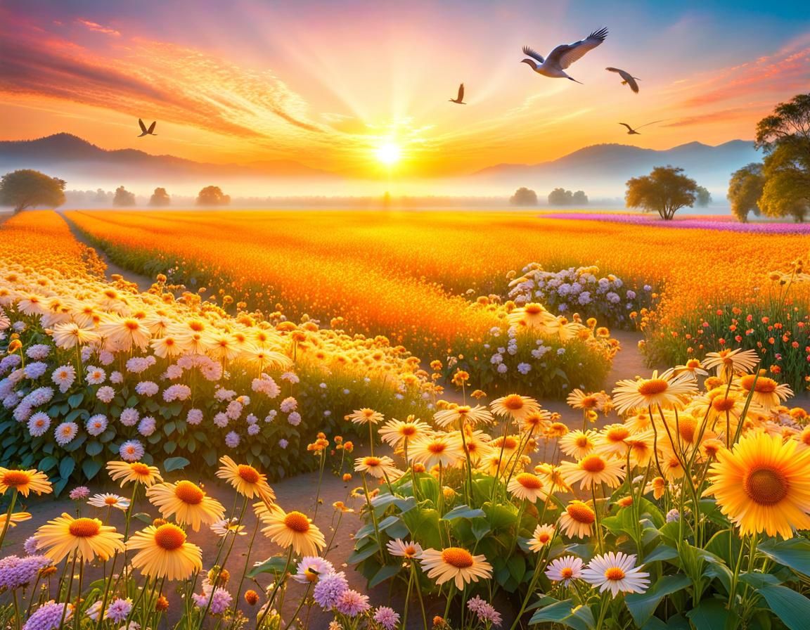 Pastel Sunrise Over a Surreal Flower Landscape