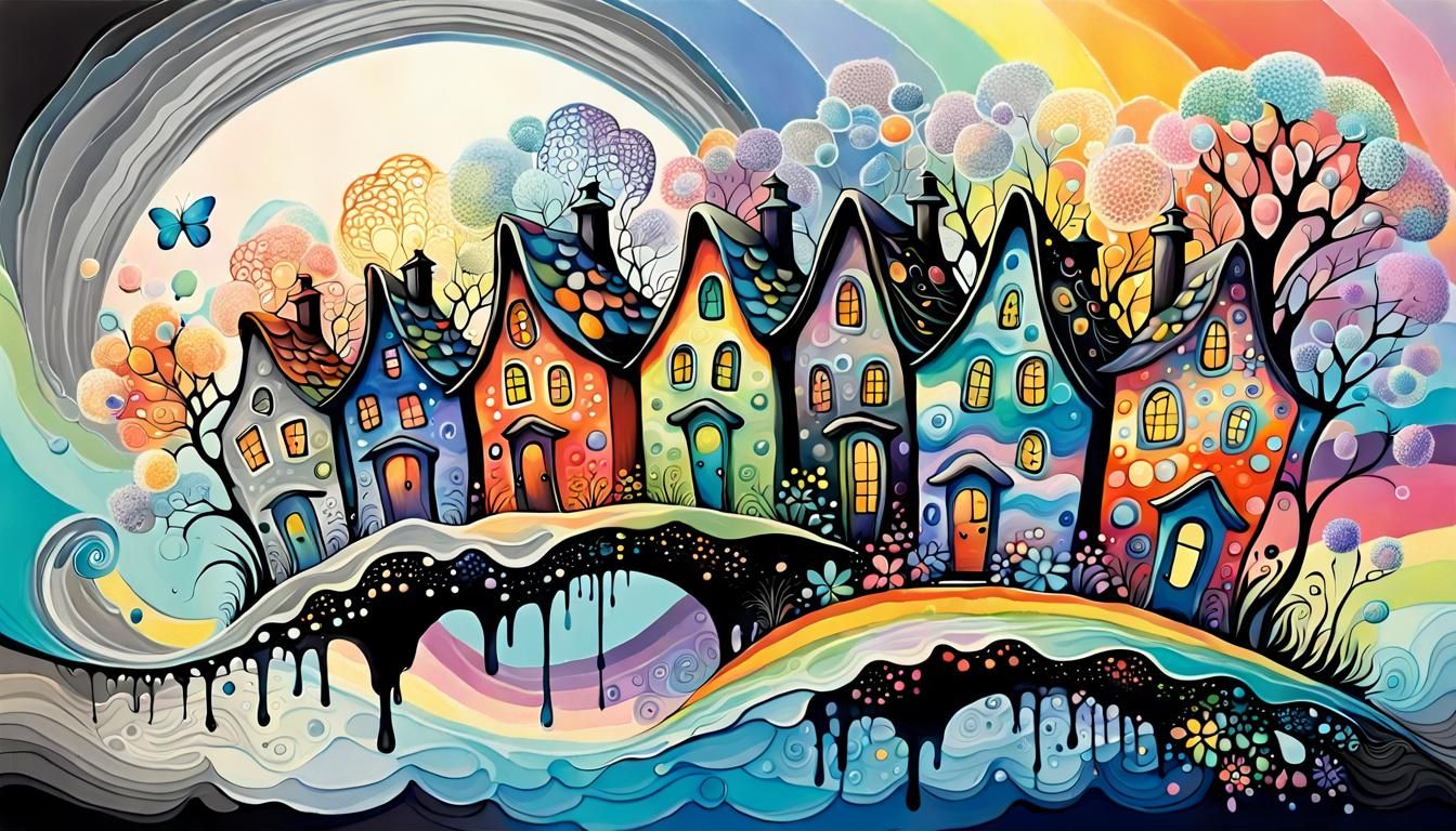 Whimsical Houses and Flowers in Acrylic Pouring