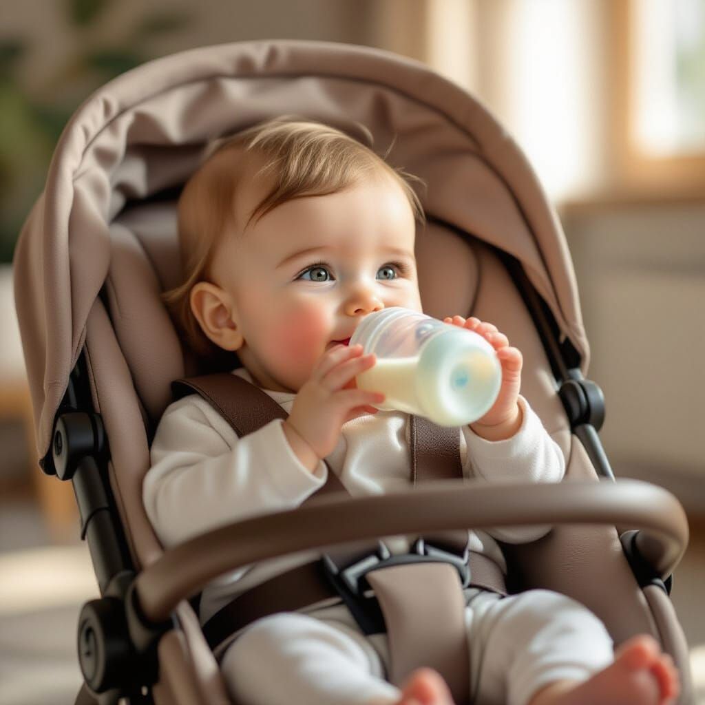 Baby Drinks From Hyper-Realistic Bottle in Modern Stroller