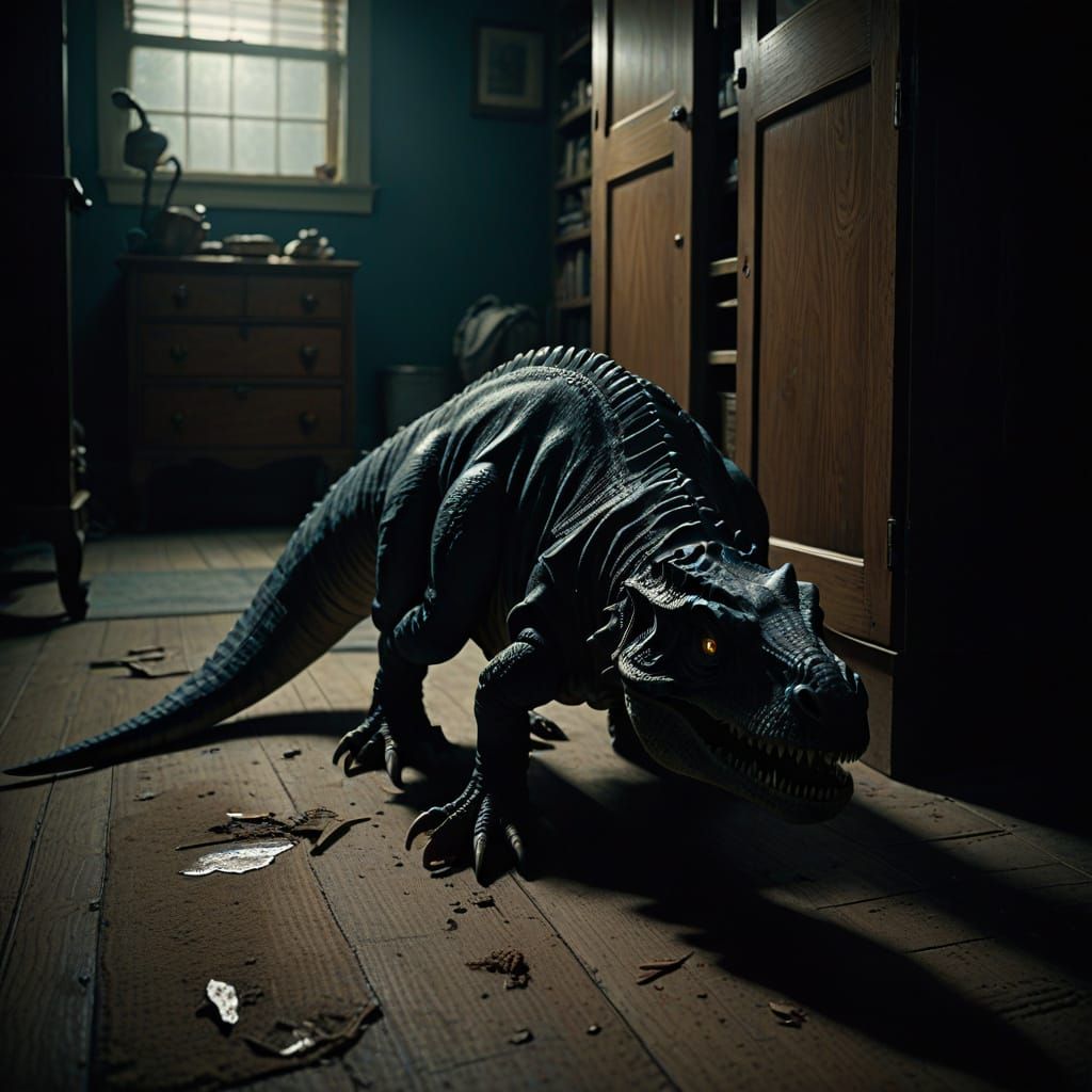Dinosaur Leg Emerges from Shadows in Dark, Foreboding Closet...