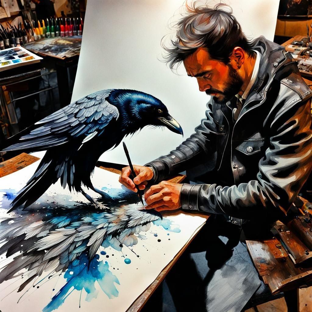 Ink Raven Drawn in Watercolor Style