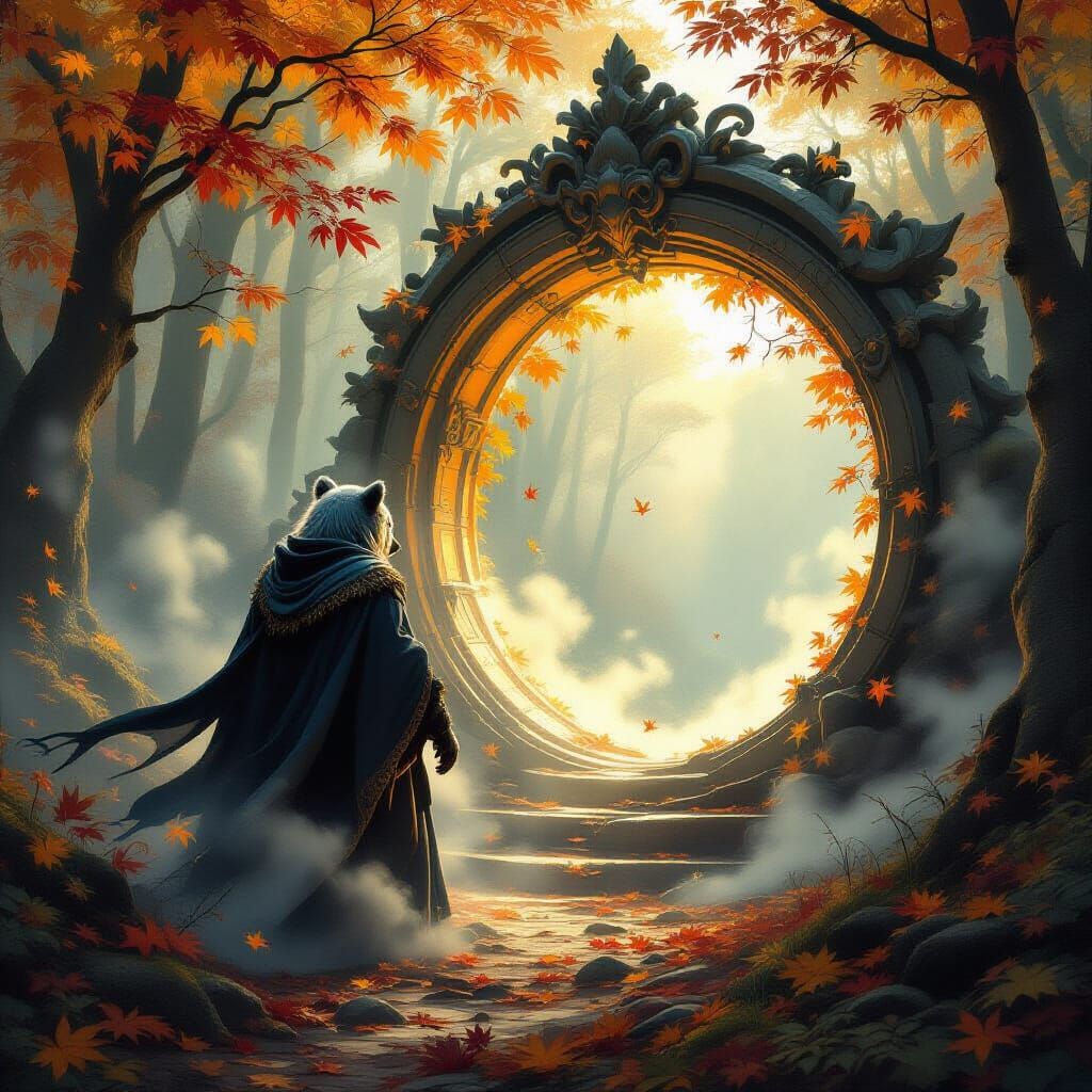 Majestic Bear Spirit Guards Enchanted Autumn Portal