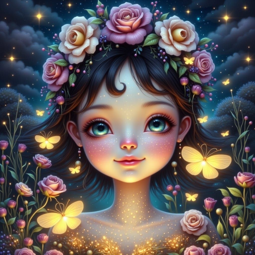 Surreal Garden Illuminated by Fireflies