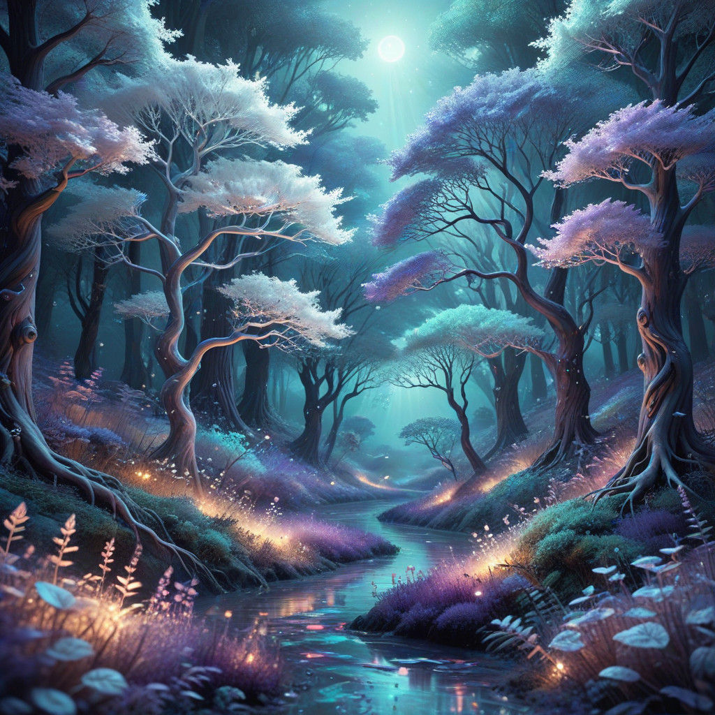 Surreal Cosmic Landscape with Wavy White Trees and Fractal P...