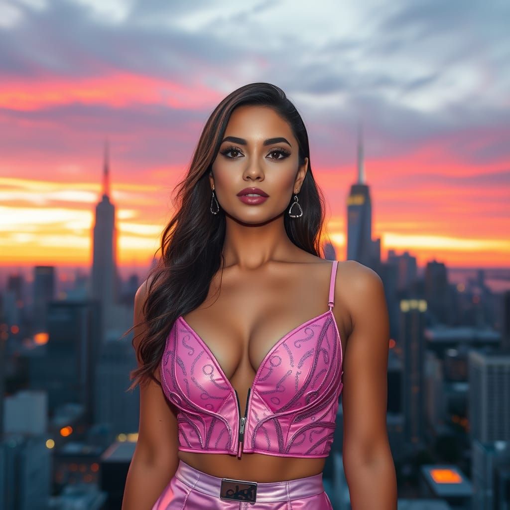 Glamorous Woman in Futuristic Cityscape at Sunset