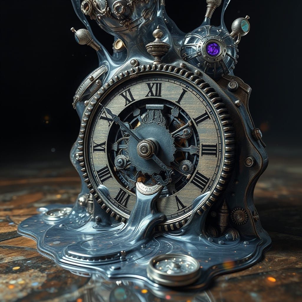 Melting ancient clockwork dissolves into iridescent silence