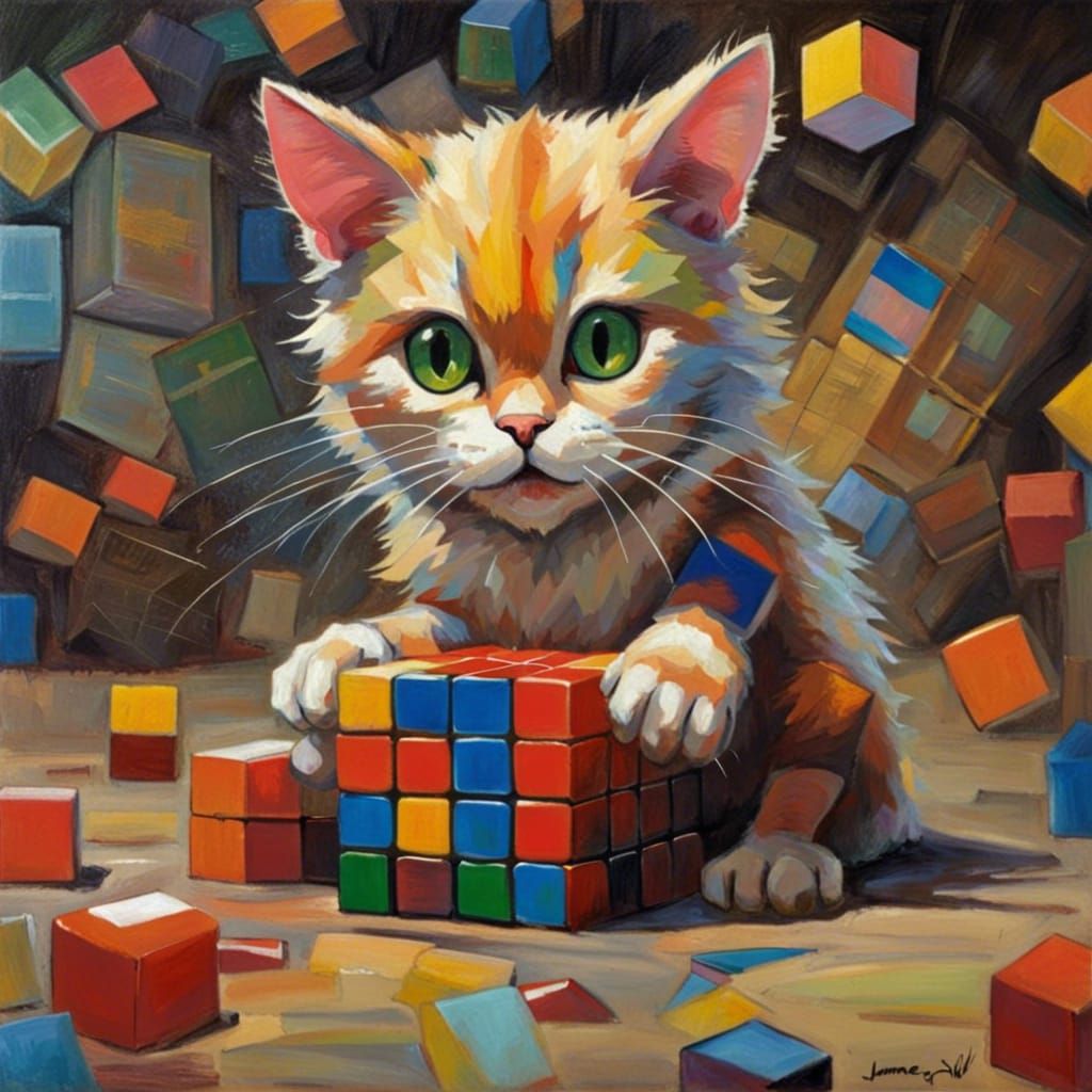 Kemono Cat Enjoys Giant Rubik's Cube: Oil Painting
