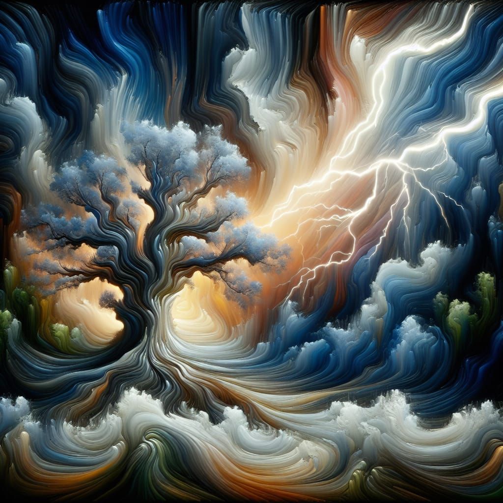 Vibrant Impasto Tree of Life Unleashes Stormy Lightning