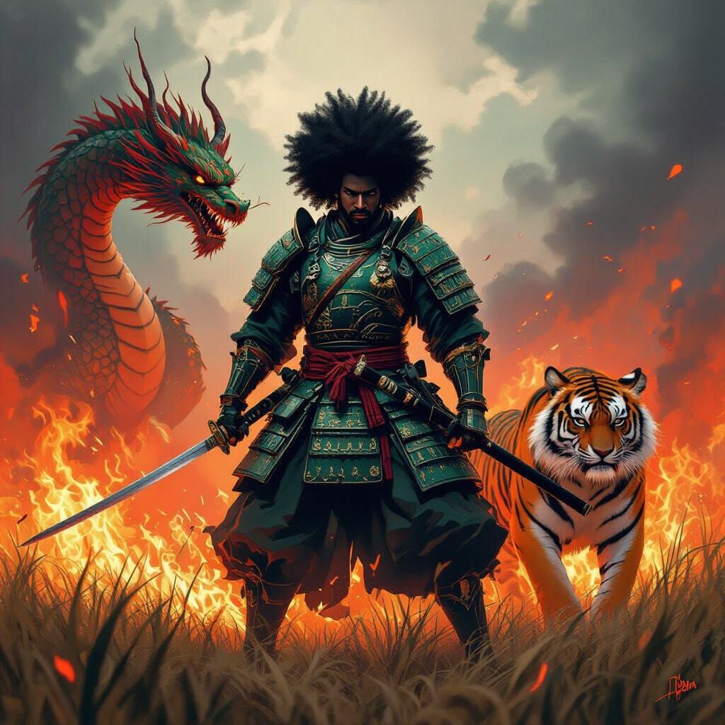 African Samurai Warrior with Dragon and Tiger in Flames