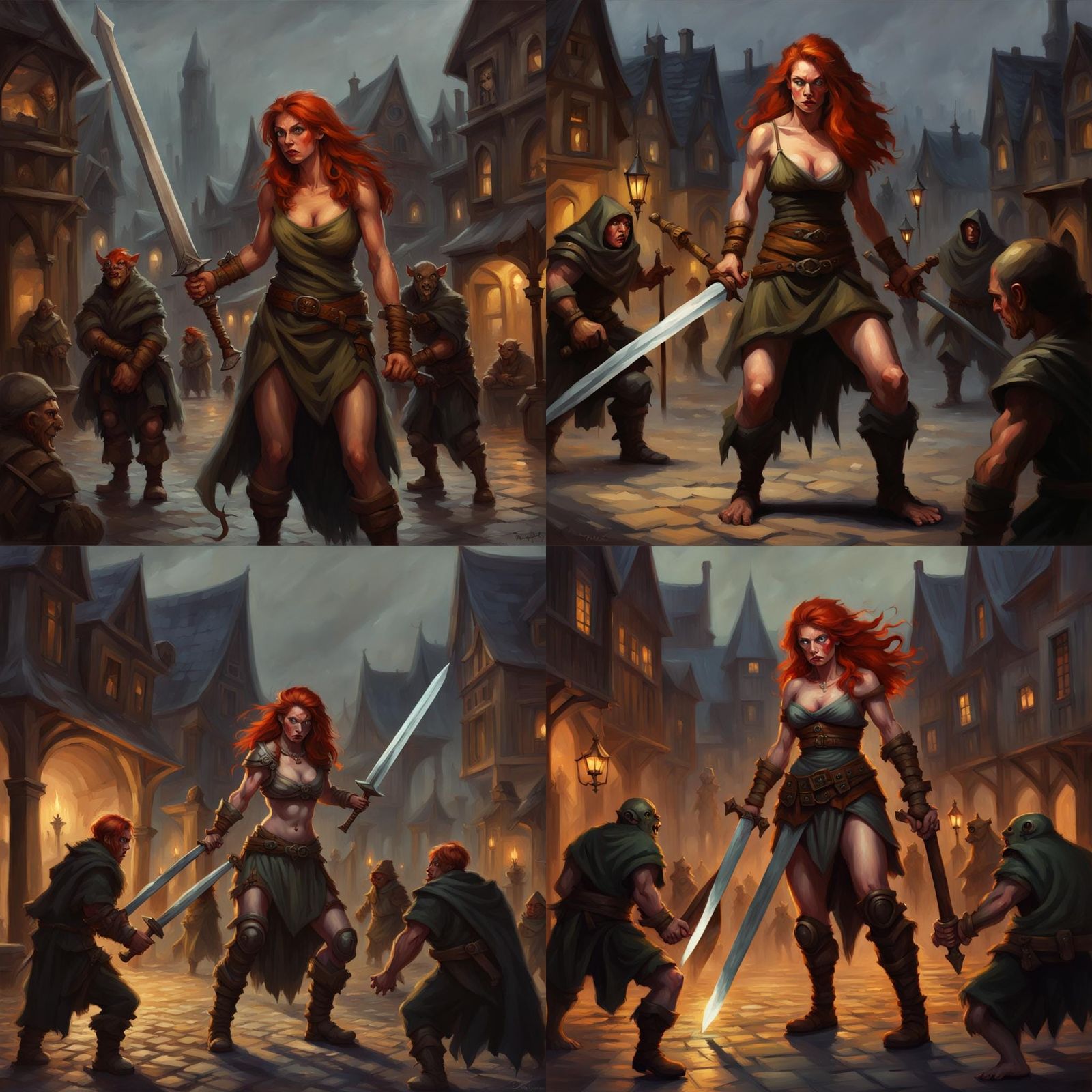 Barbarian Confronts Goblin Rogues: Grimdark Oil Painting