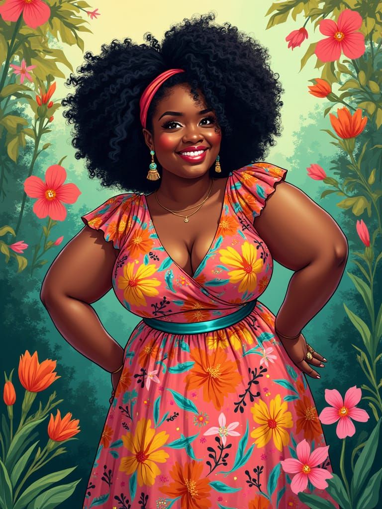 Vibrant Plus-Size Black Woman in Exaggerated Pop Style
