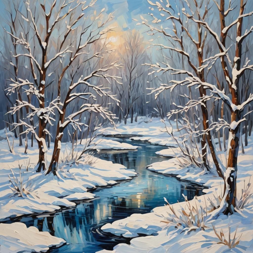 Impasto Winter Scene with Sparkling Snow