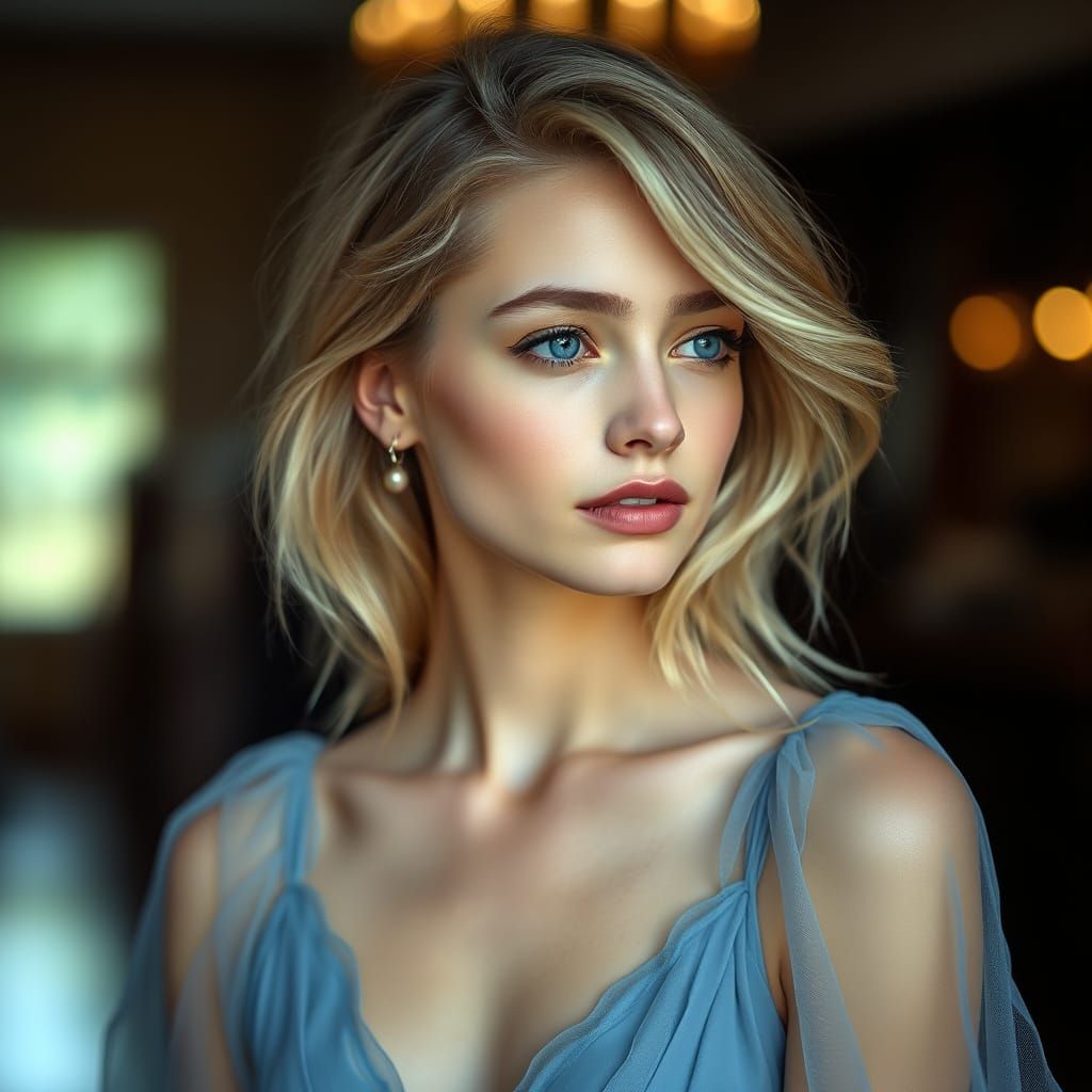 A young woman with soft, wavy blonde hair gazes thoughtfully. She has striking features, fair skin, and a delicate, eleg...