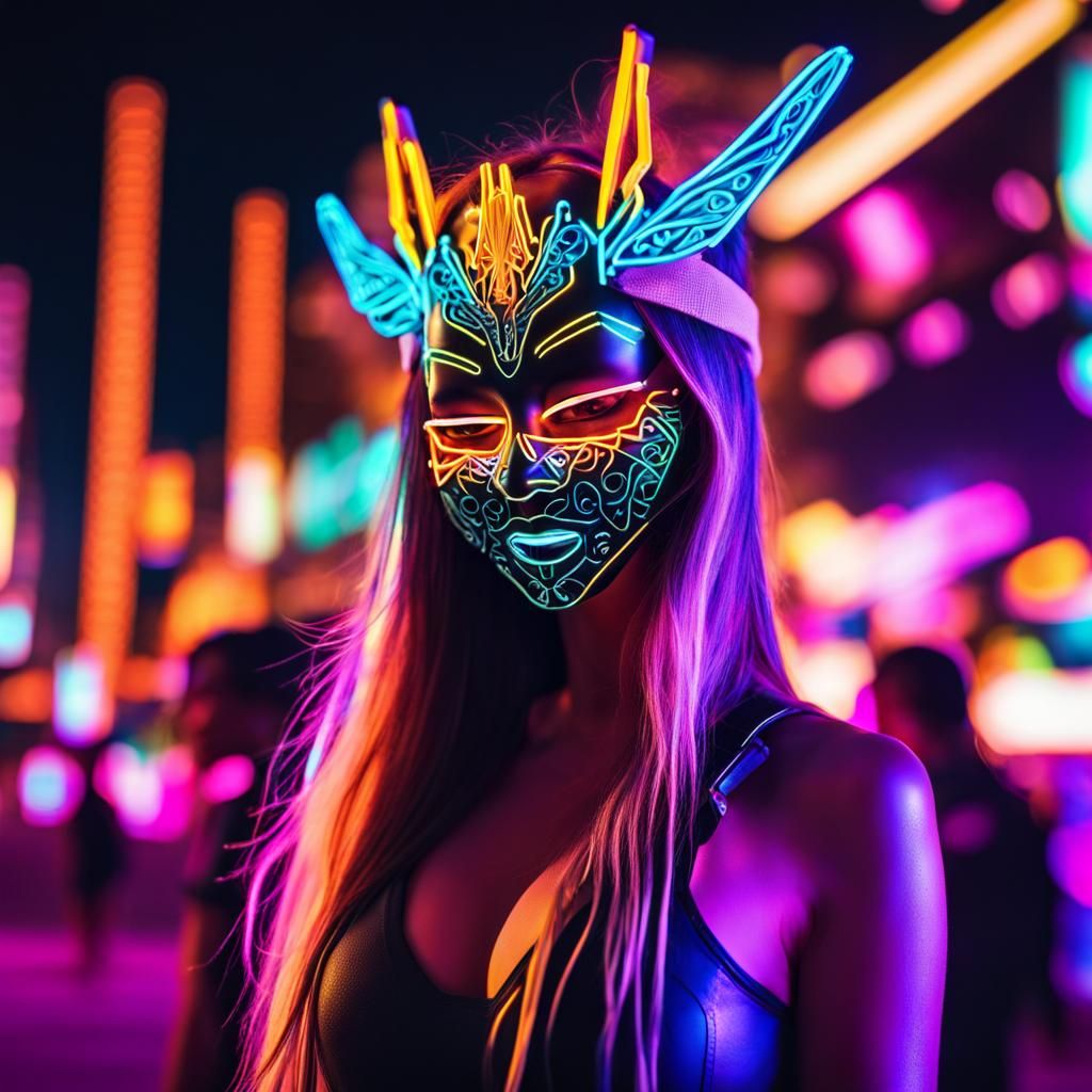 Neon Masks at EDM Music Festival in Neon City