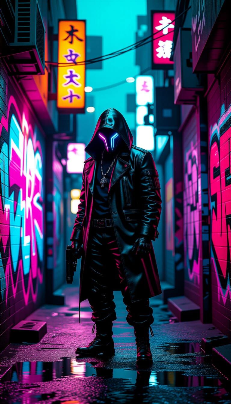 Cyberpunk Creature in Neon Alley: Splash Art Style