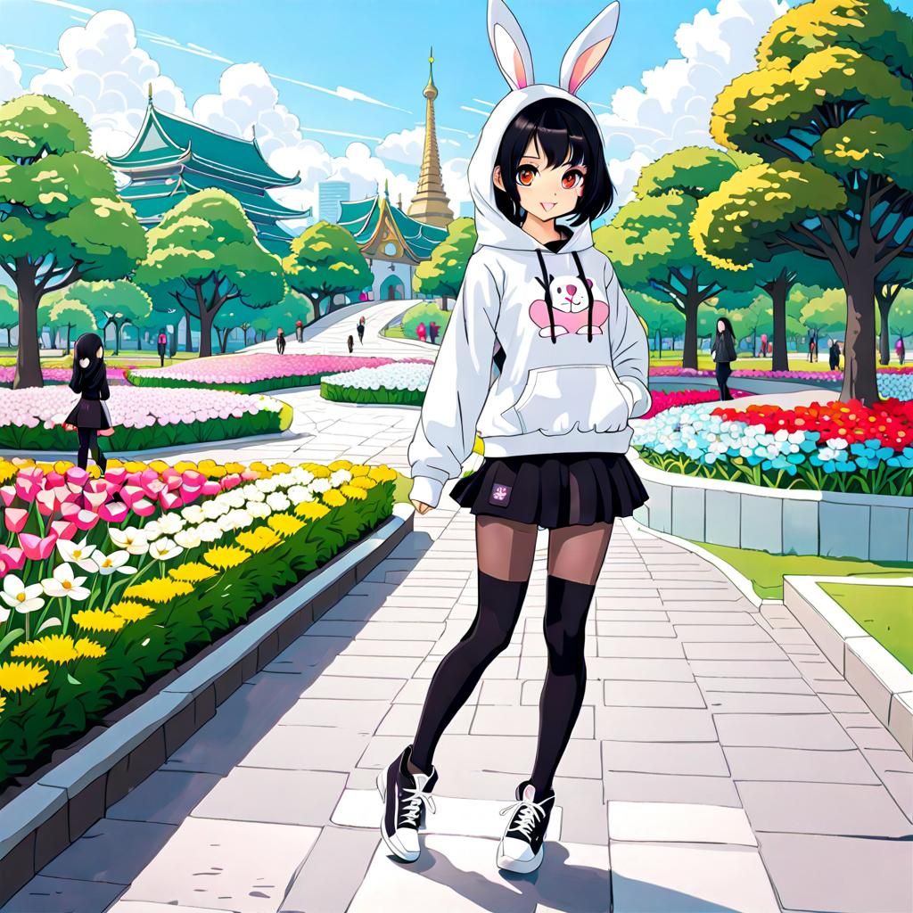 Thai Woman in Bunny Hoodie in Park