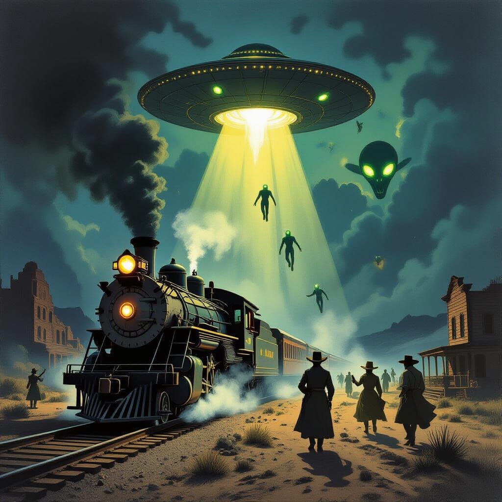 Wild West UFO Train Robbery in Dramatic Fantasy Style