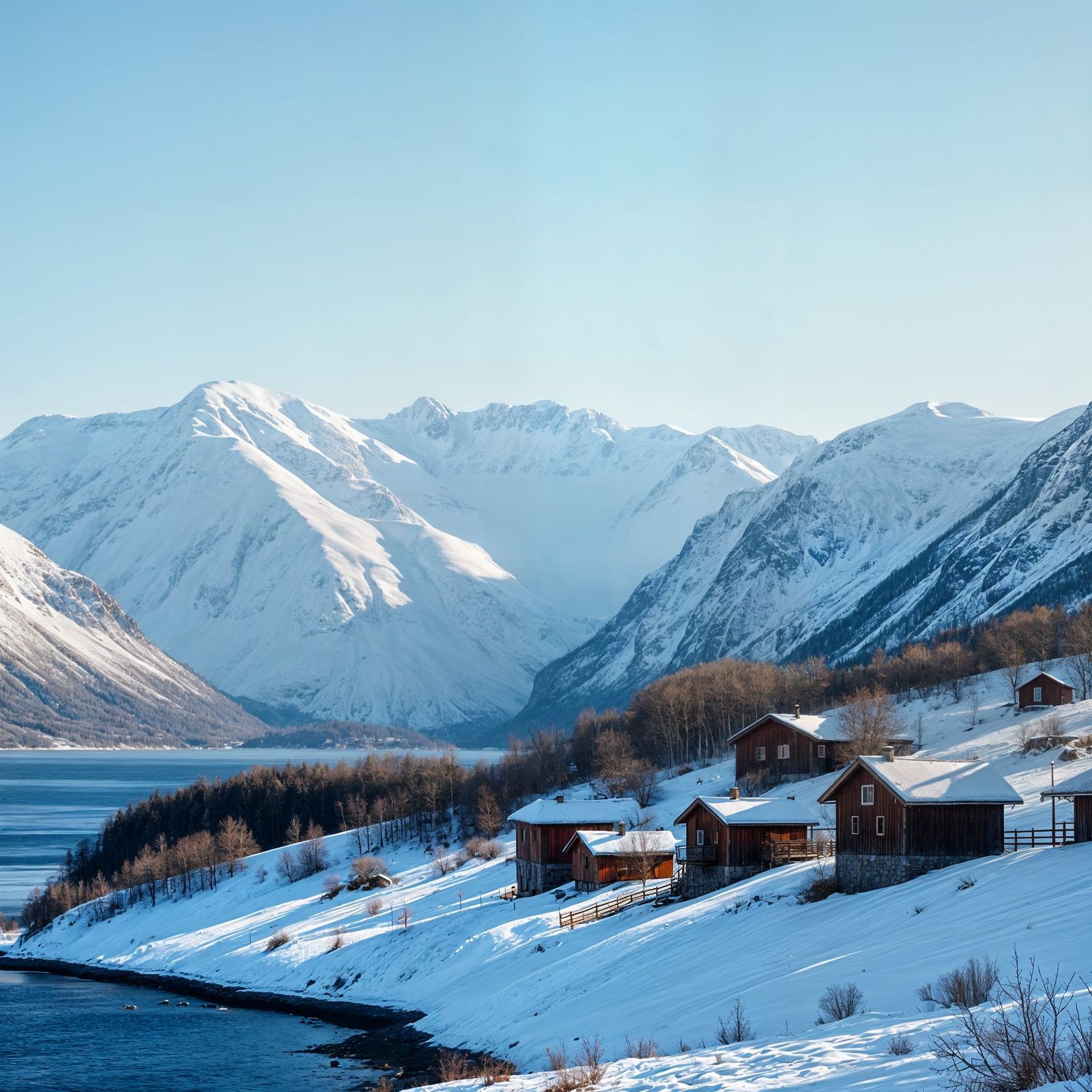Peaceful Nordic Fjord with Snowy Mountains and Cottages