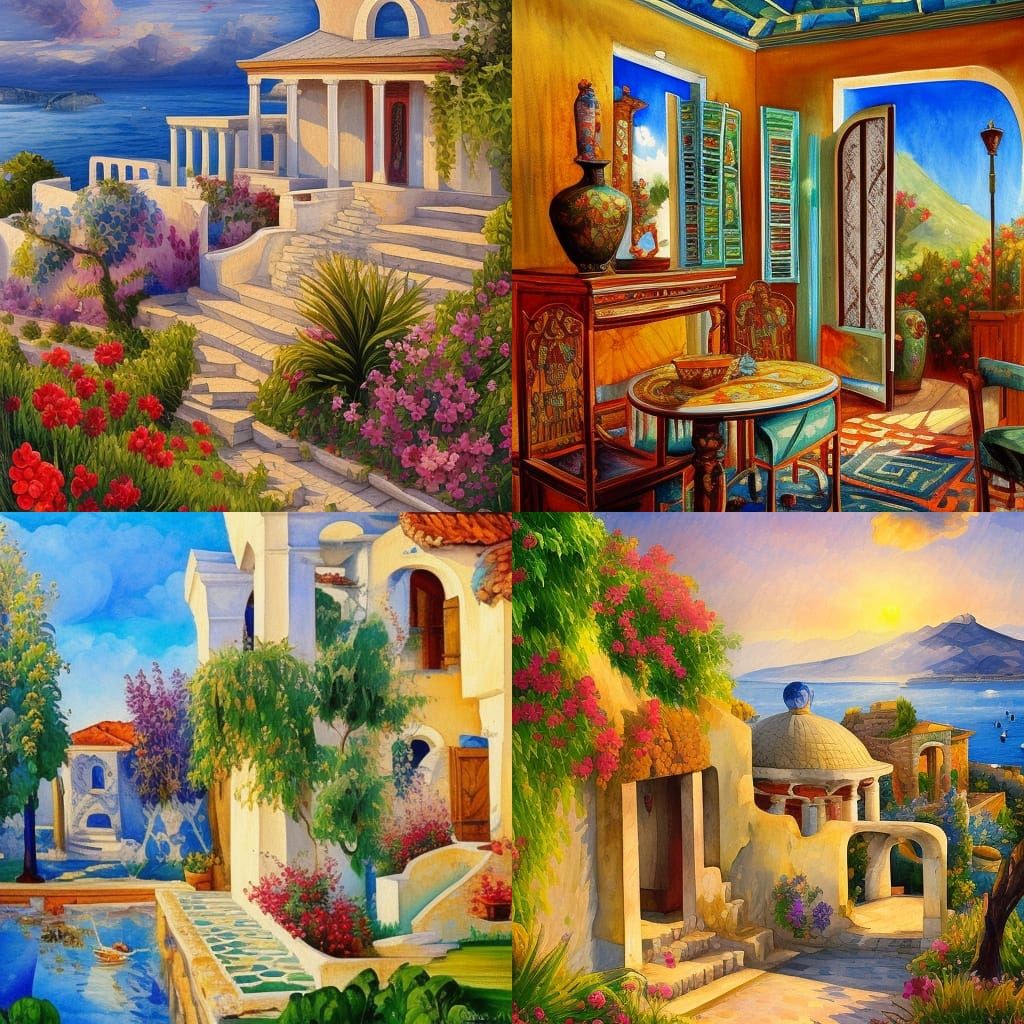 Greek Villas in Gouache Style Digital Painting