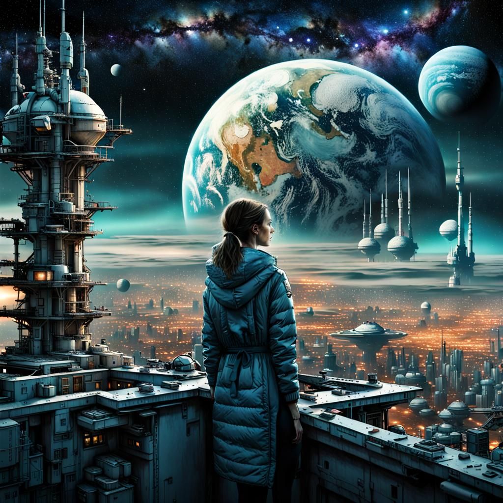 Android Gazing at Space Colony in Hyperrealism