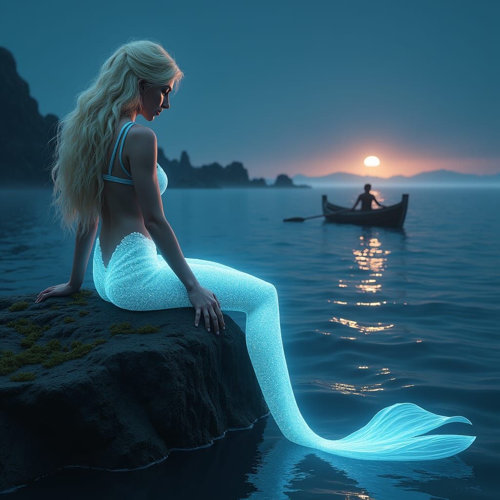 Ethereal Mermaid on a Rock at Dusk