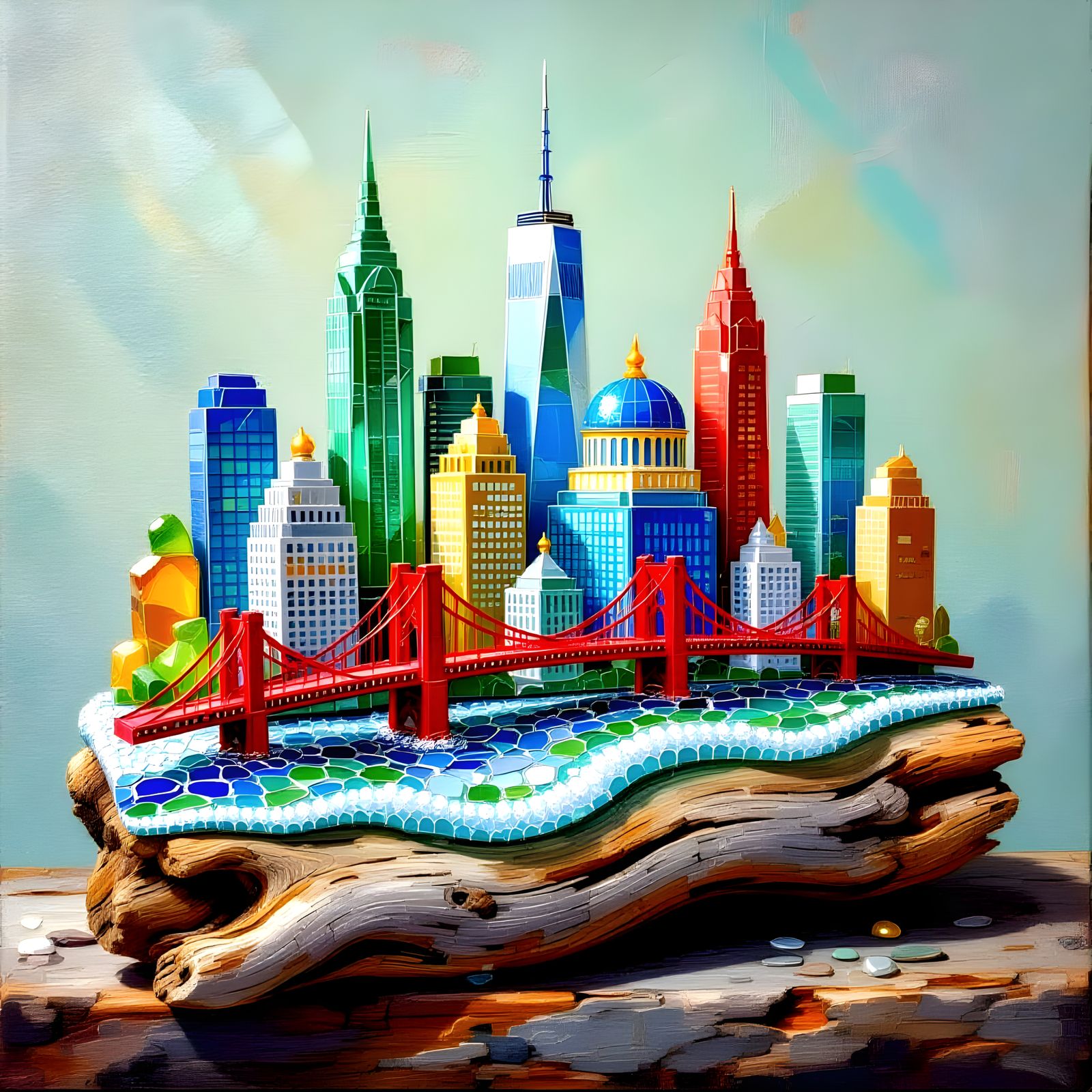 Sea Glass Cityscape on Driftwood Base